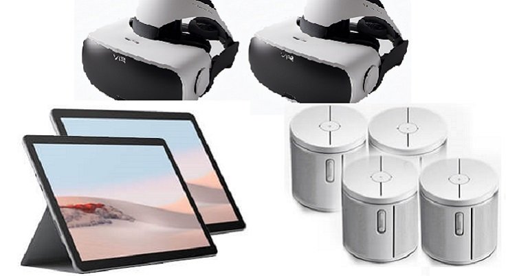 Four speakers, two tablets, two VR headsets
